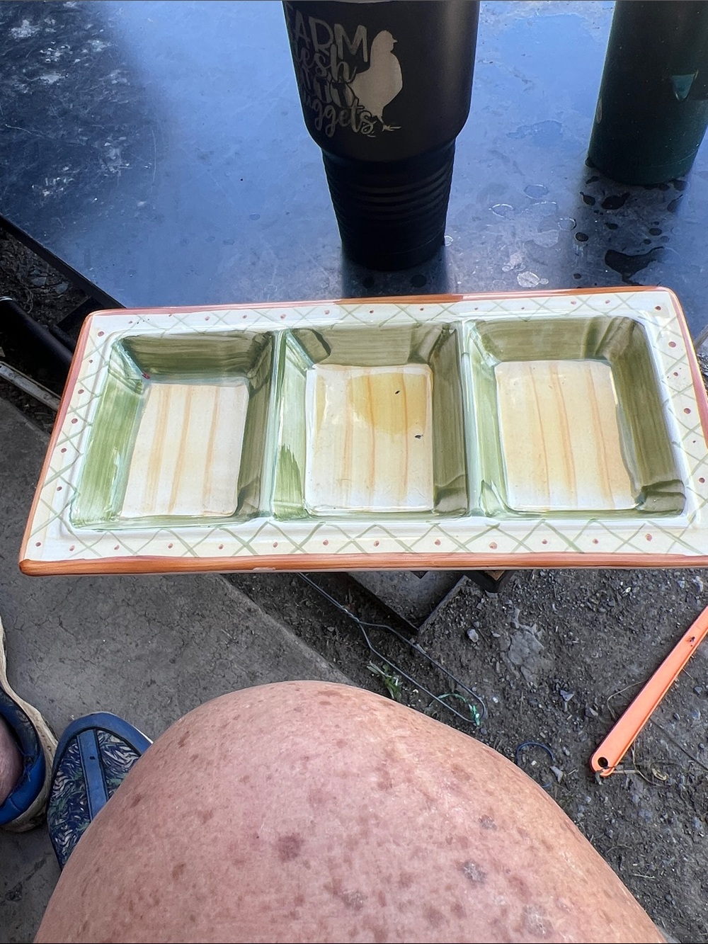 Ceramic 3-Section Serving Dish in Green and Cream